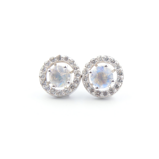 Moonstone Halo Earrings in Sterling Silver